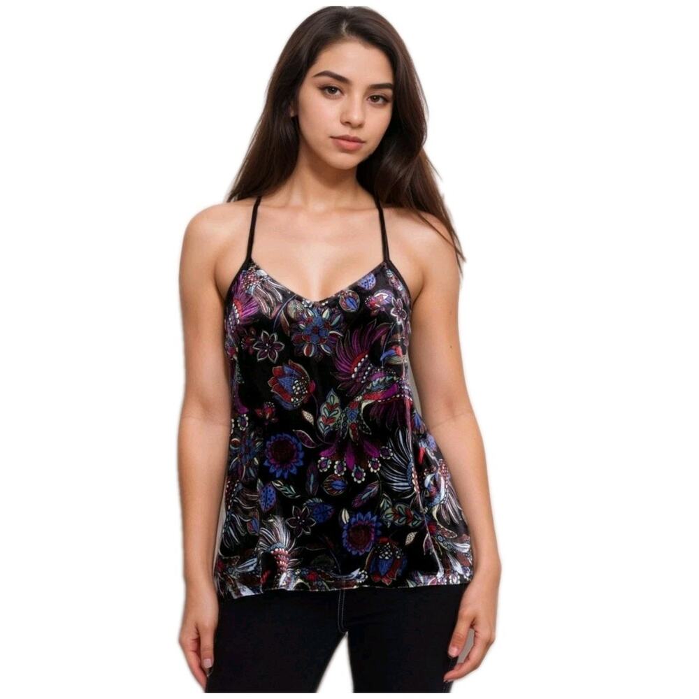 Johnny Was Silk Velvet Tank Top S Black Purple Floral Peacock Boho Cami